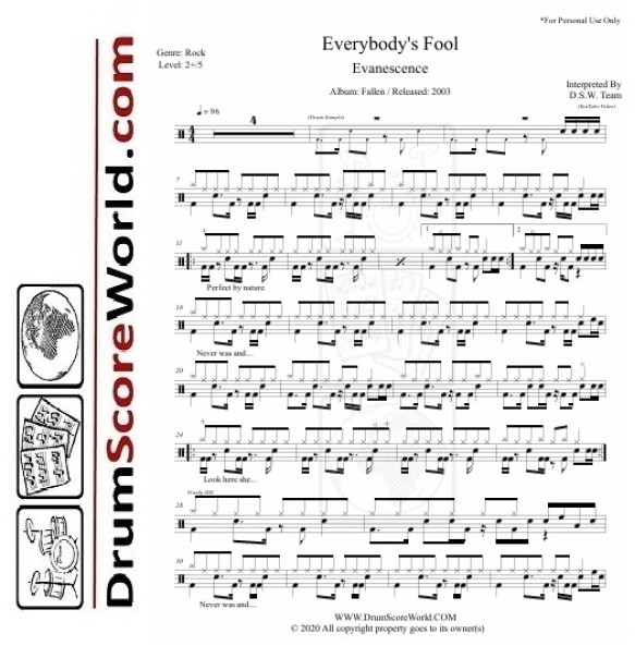 Evanescence - Everybody's Fool - Drum Sheet